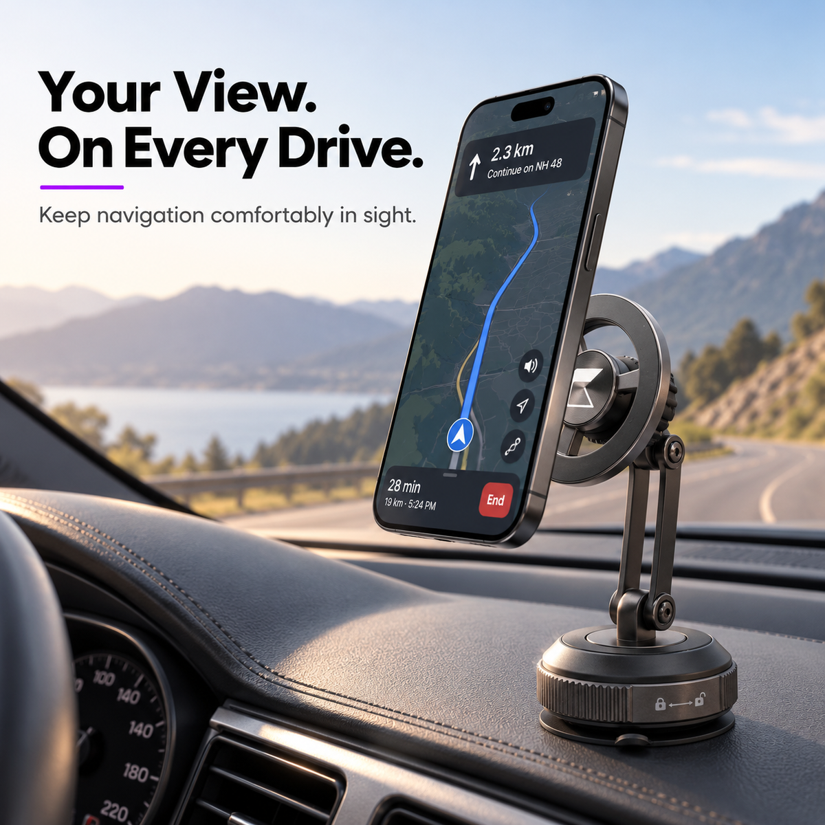 Gentrix MagFold Pro car mount for summer heat on a sunny dashboard, holding a phone showing navigation