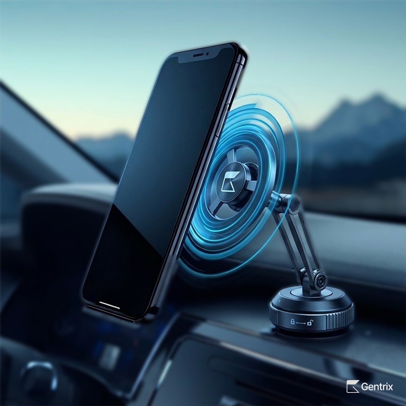 360 MagVacuum car mount phone holder by Gentrix mounted on a car dashboard for navigation and hands-free use.