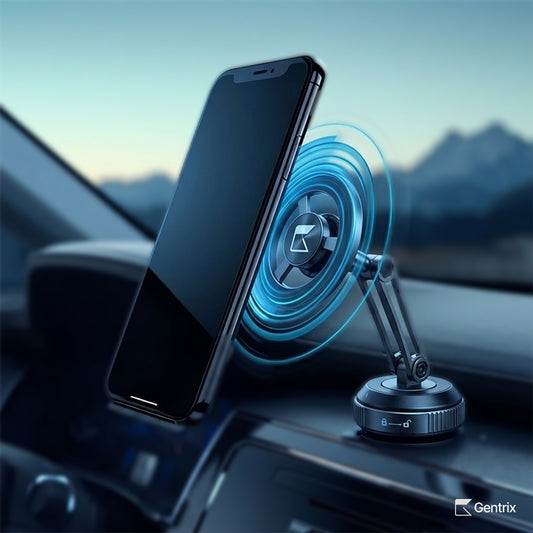 360 MagVacuum car mount phone holder by Gentrix mounted on a car dashboard for navigation and hands-free use.