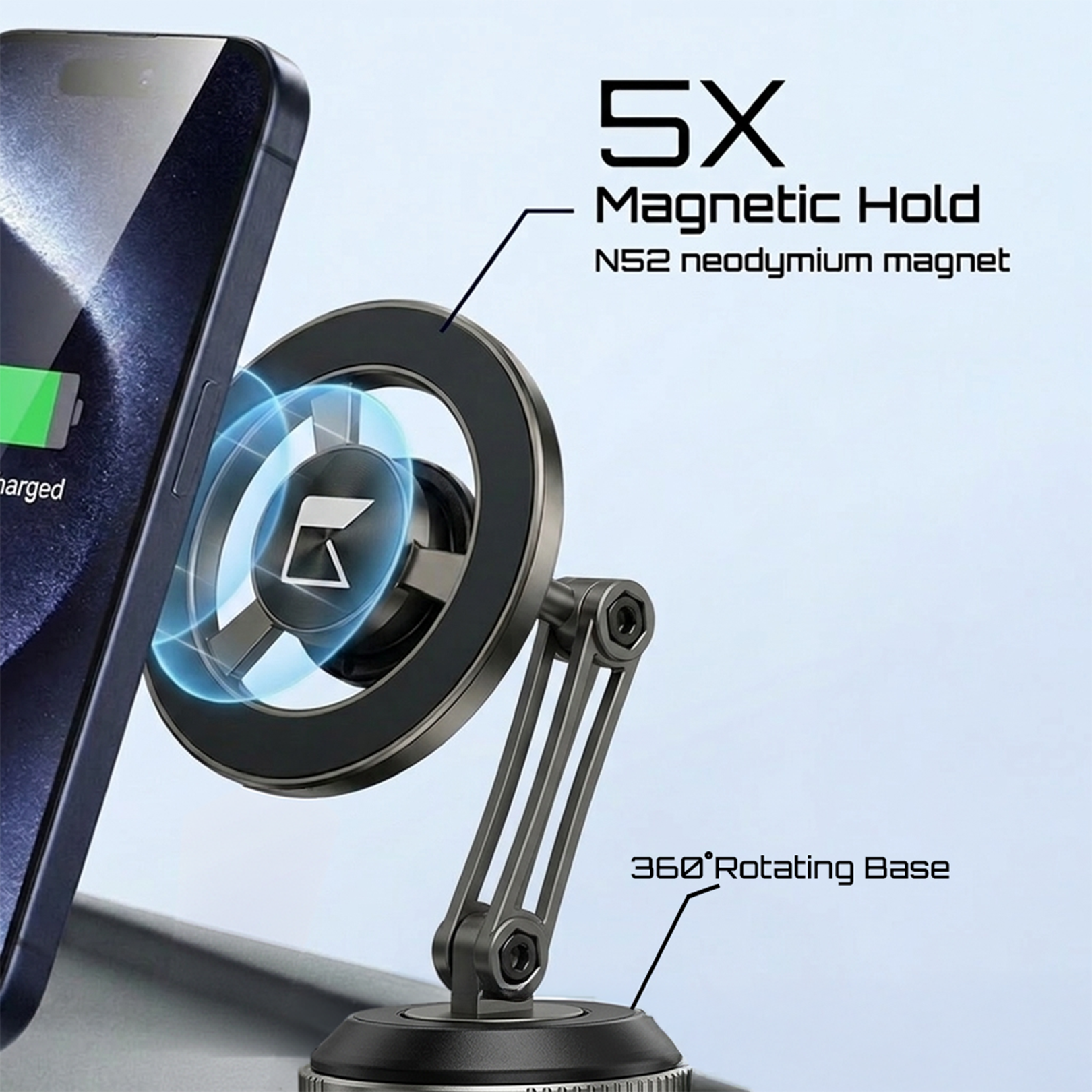 Close-up view of the Gentrix 360 MagVacuum car mount phone holder with 5x powerful magnetic hold N52 neodymium magnet feature and 360-degree rotating base on a white background.