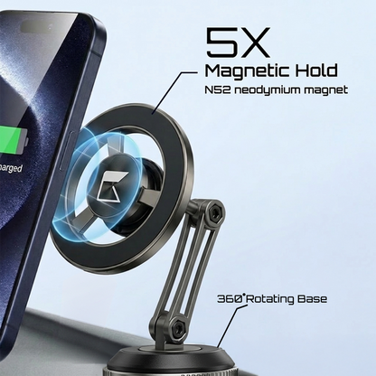 Close-up view of the Gentrix 360 MagVacuum car mount phone holder with 5x powerful magnetic hold N52 neodymium magnet feature and 360-degree rotating base on a white background.