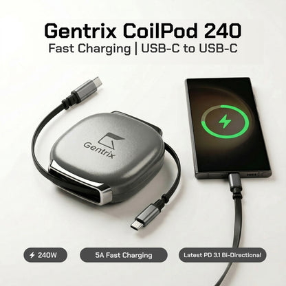 CoilPod 240W 5A Retractable USB C to USB C Cable
