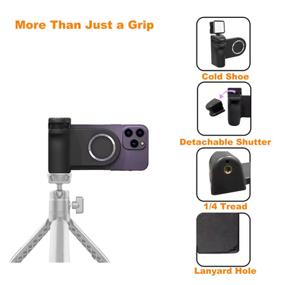 Magnetic New Camera Phone Grip Detachable Shutter Button Bracket Selfie Booster with Snap-On Phone Mount and Handle