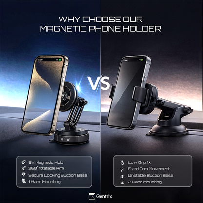 Gentrix 360 MagVacuum car mount phone holder compared as a premium product against a standard phone holder highlighted on a dark background.
