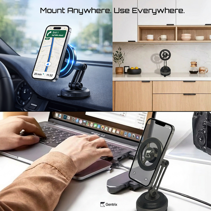 Gentrix 360 MagVacuum car mount phone holder, Multi-purpose phone mount used in car, kitchen, and office settings with text 'Mount Anywhere. Use Everywhere.'