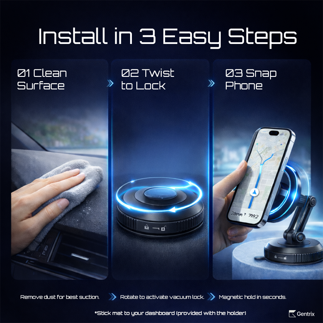 Step-by-step installation guide for the Gentrix 360 MagVacuum car mount phone holder