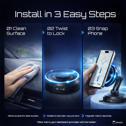 Step-by-step installation guide for the Gentrix 360 MagVacuum car mount phone holder