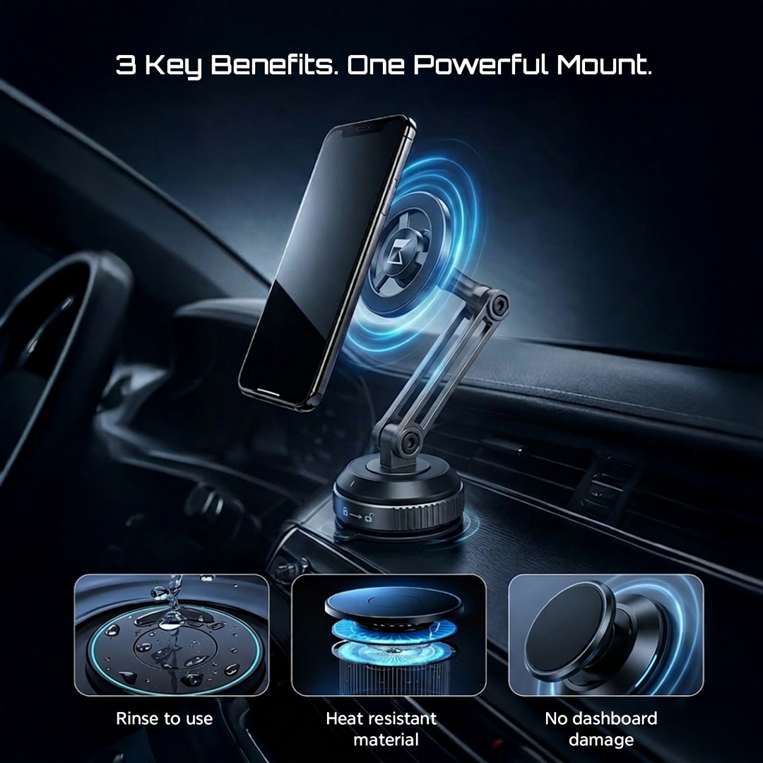 Gentrix 360 MagVacuum car mount phone holder with 3 key benefits - rinse to use, heat resistant material, no dashboard damage; highlighted on a dark car interior background
